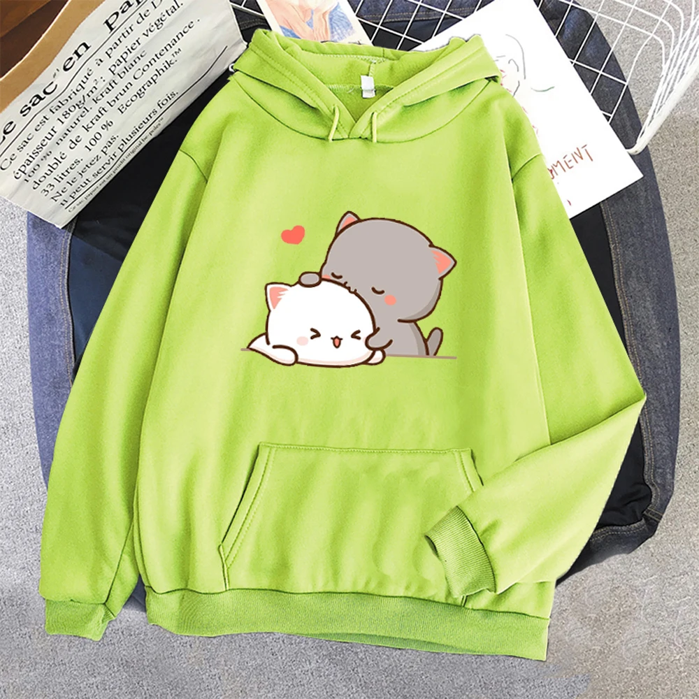 Peach Cat Kawaii Clothing Aesthetic Hoodie 2021 Cute Pink Tops Oversized Sweatshirt Women Cartoon Print Unisex Warm Streetwear