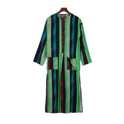 Men's Muslim Robes Striped Printed Long Sleeve Cotton Pockets Robes Button-down Leisure Vintage Islamic Arab Kaftan Dubai New