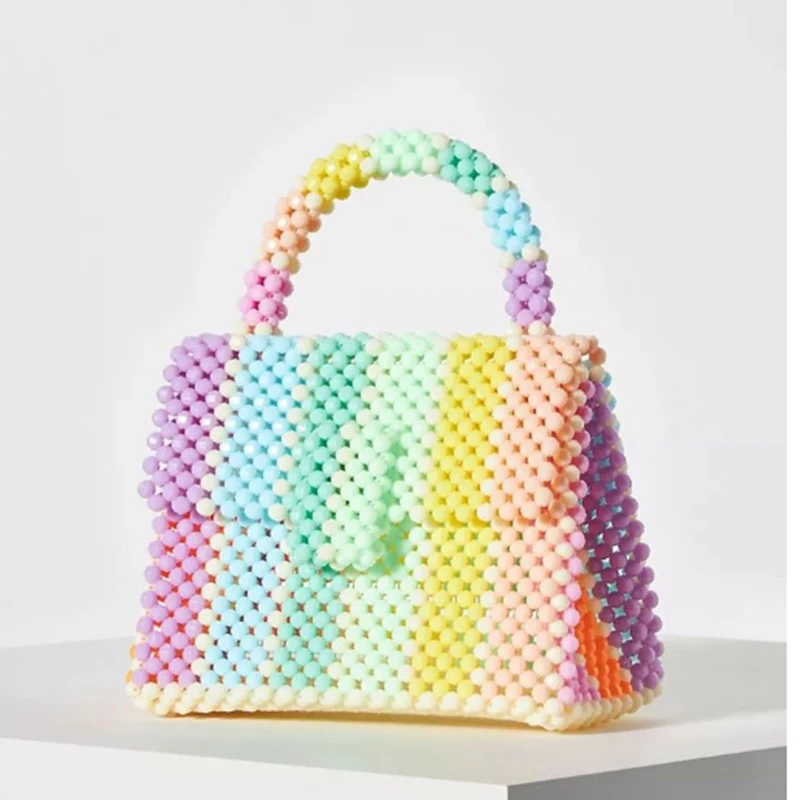 Summer Colorful Large Capacity Women\'s Bag New Rainbow Splicing Beaded Weaving Flip Ladies Handbag Customized Finished Product