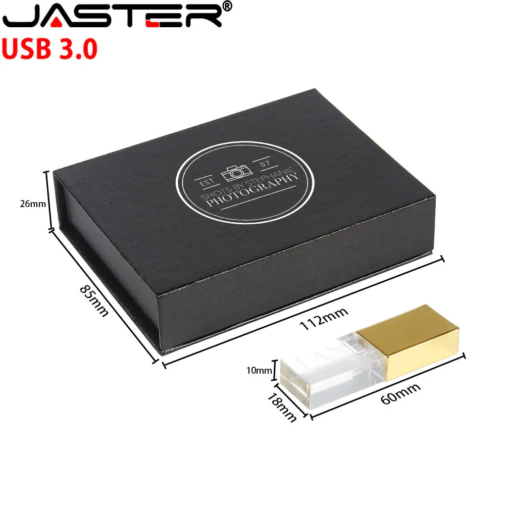JASTER Crystal USB 3.0 Flash Drive 128GB Free Custom Logo Pen Drive With Black Box Creative Business Gift 64GB 32GB Memory Stick