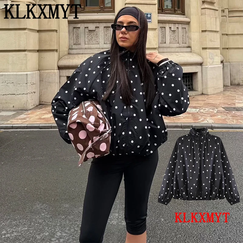 KLKXMYT Damen Frühling Herbst Jacken Langarm Rollkragen Reißverschluss Freizeitmantel Damenmode Gepunktete Bedruckte Jacke