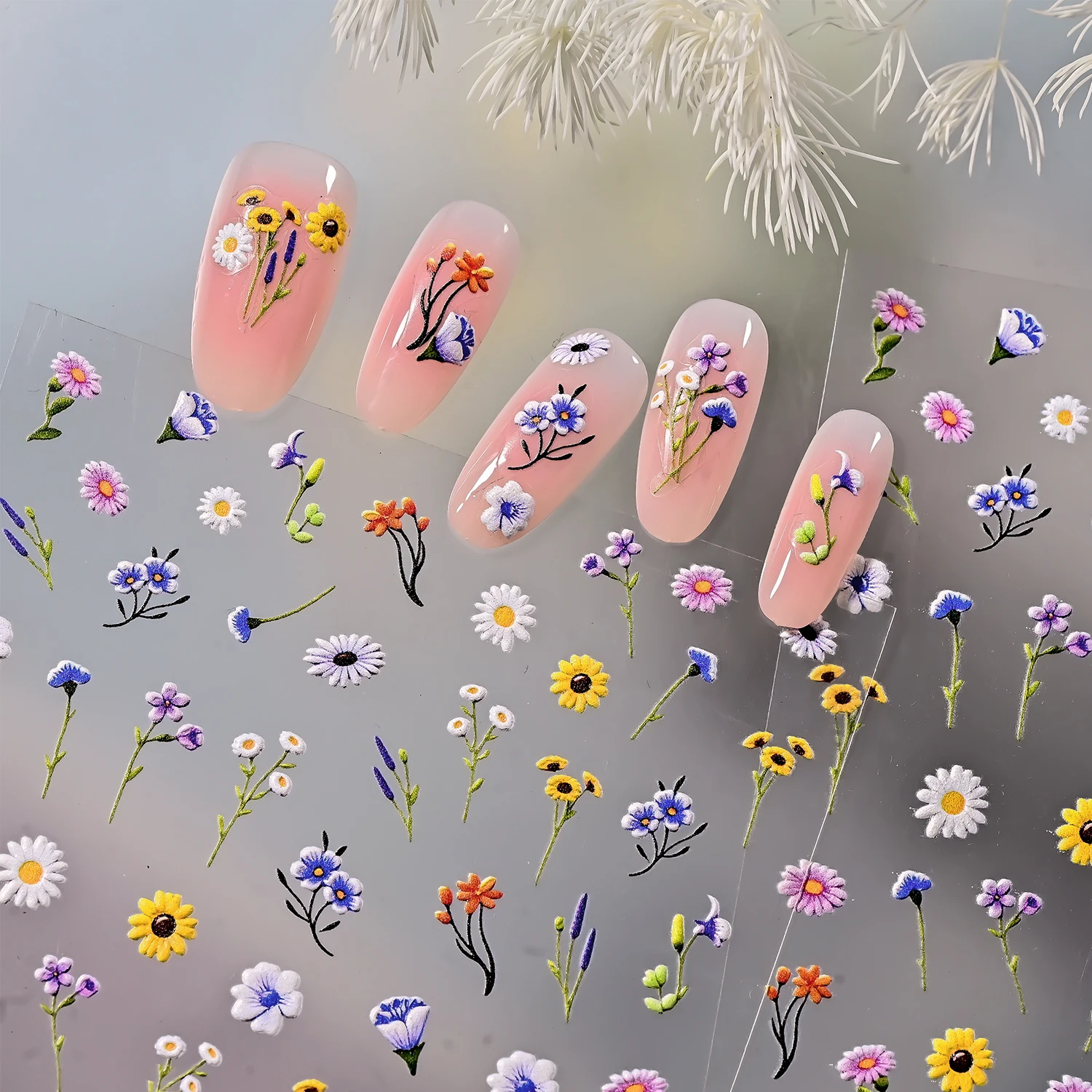 1Pcs 5D Embossed Daisy Wildflower Nail Stickers Multicolor Floral Self Adhesive Nails Decal Spring Summer Flower Manicure Slider