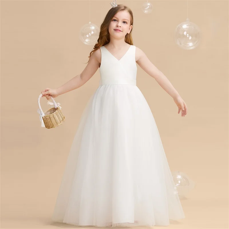 Teenage Girls White Elegant Evening Party Formal Long Gown Kids Backless Big Bow Birthday Dress Bridesmaid Dresses for Wedding