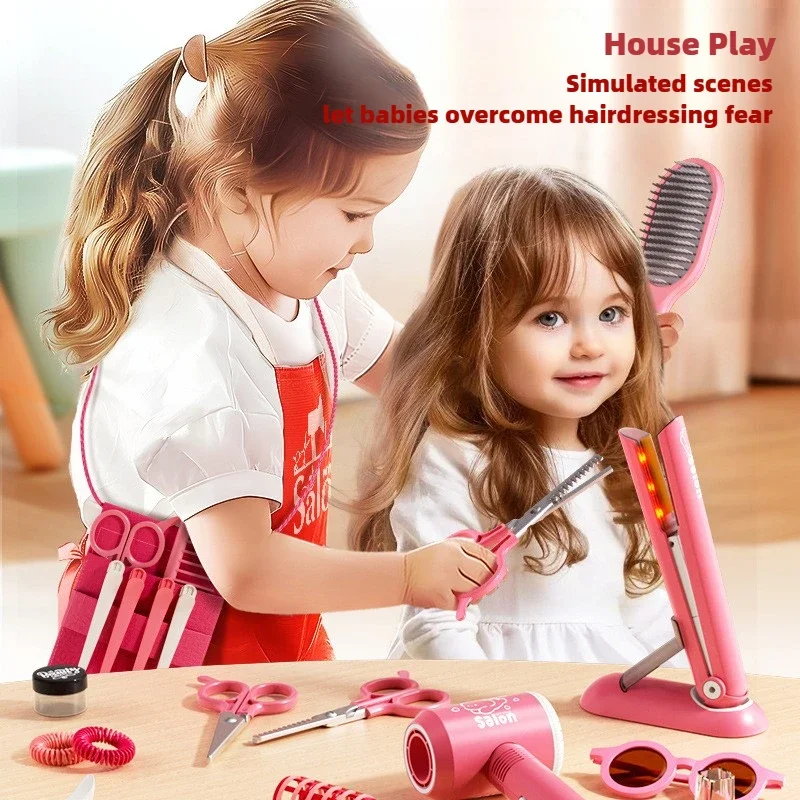 Set da salone di bellezza per ragazze, gioco di finzione, kit da taglio per capelli giocattolo da parrucchiere con grembiule a forbice per asciugacapelli e accessori per lo styling