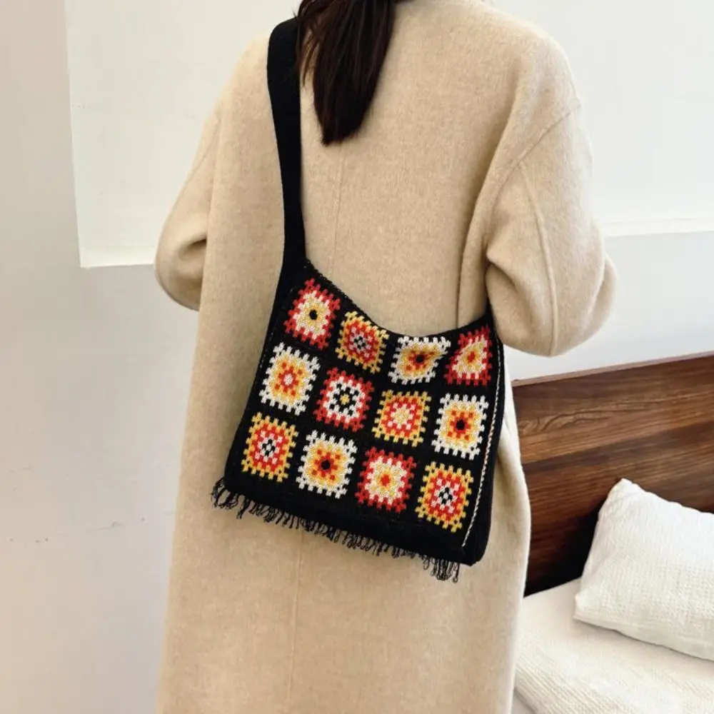

Tassel Knitting Shoulder Bag Boho Ethnic Style Bohemian Crochet Crossbody Bag Lazy Style Large Capacity Casual Woven Handbag
