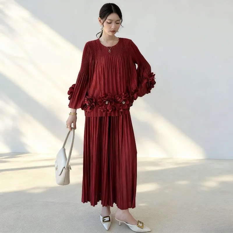 

Miyake Pleated Pants Set 2026 Spring New Embroidered Design Set Flared Sleeve Draped Straight Pleats Pants Elegant 2 Piece Set