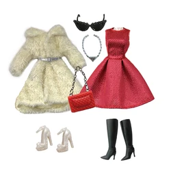 Fashion Red Theme 11.5 inch Doll Clothes Accessories Set Fur Coat Sweater Dress Pants Boots for 27-30cm Doll 1/6 BJD Dolls
