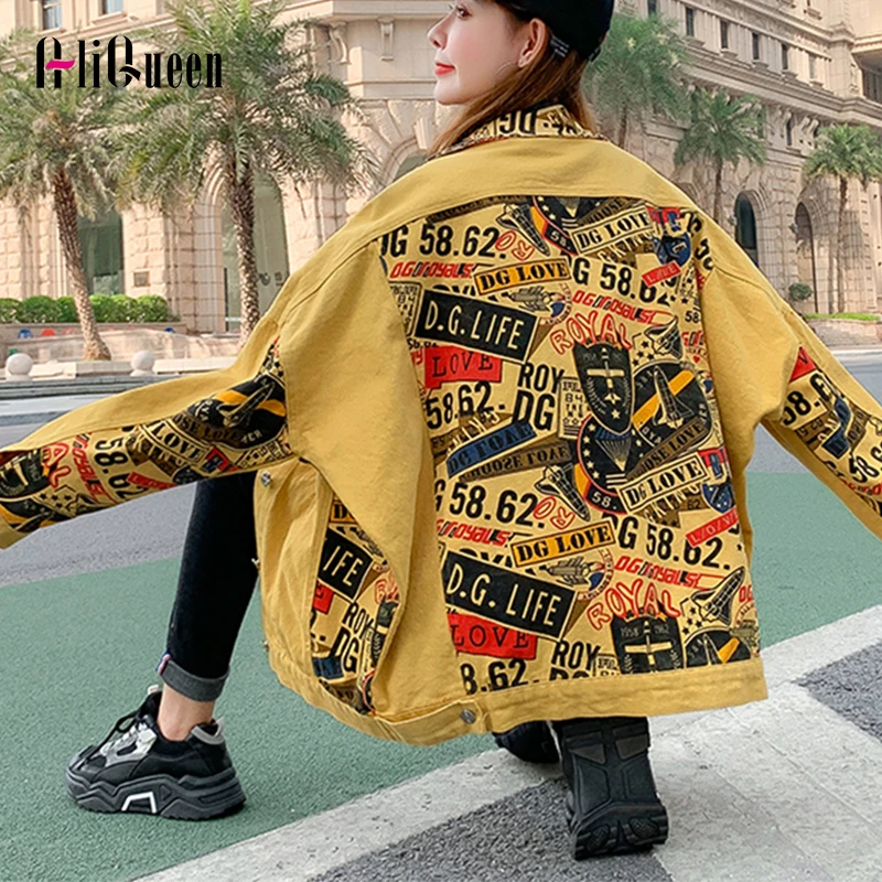 

Spring Autumn Clothes White Denim Jacket Tops Women Lapel Raglan Sleeves Printing Pocket Jeans Loose Vintage Motorcycle Jacket