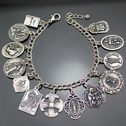 Vintage Bracelet Catholic Religious Church Medals Saints PRAY FOR Cross Pendant Chain Women Bangle Silver Plated Jewelry Gifts