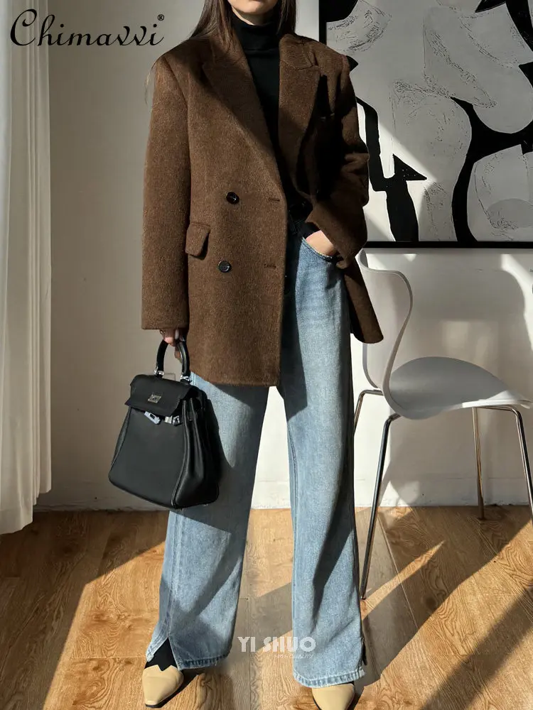 Winter New High-End Right Shoulder Blazer Fashion Coffee Color Thick Warm Double-Sided Wool Coat Short OL Gray Woolen Coat Women