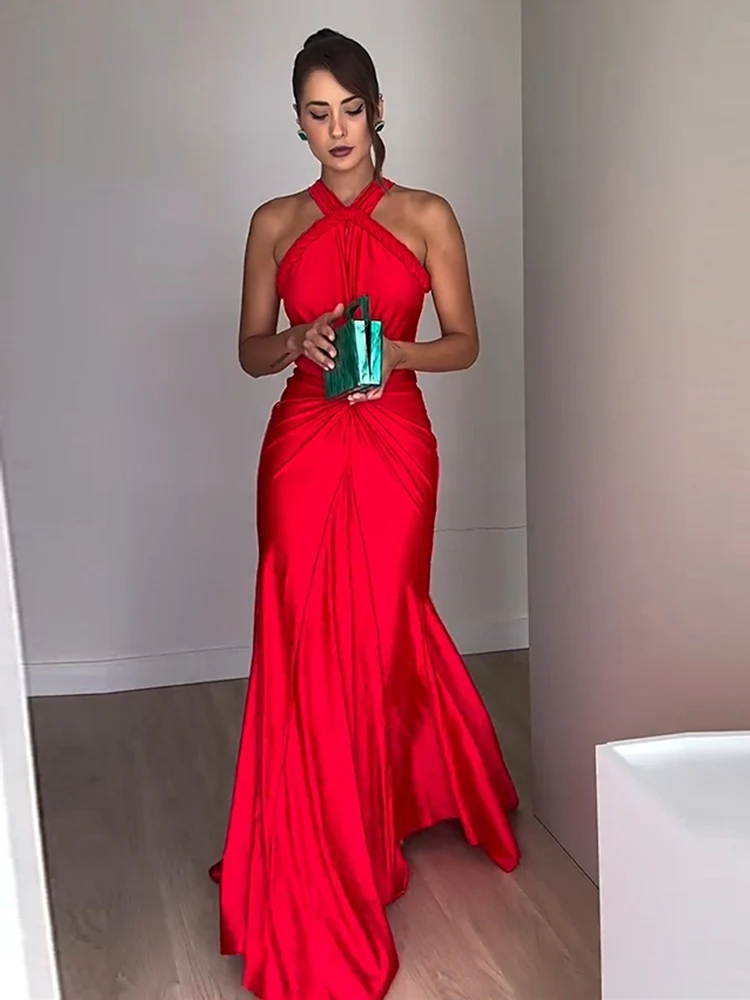 Sexy Asymmetrical Straps Hollow Out Maxi Dress Women Red Sleeveless Backless Slim Mermaid Maxi Dresses Evening Party Gowns