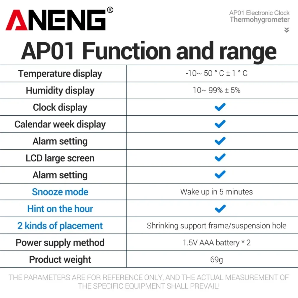 Цифровой термогигрометр с ЖК-дисплеем ANENG AP01, электронные часы для помещений, многофункциональные измерения температуры воздуха, гигрометр, тестовые инструменты