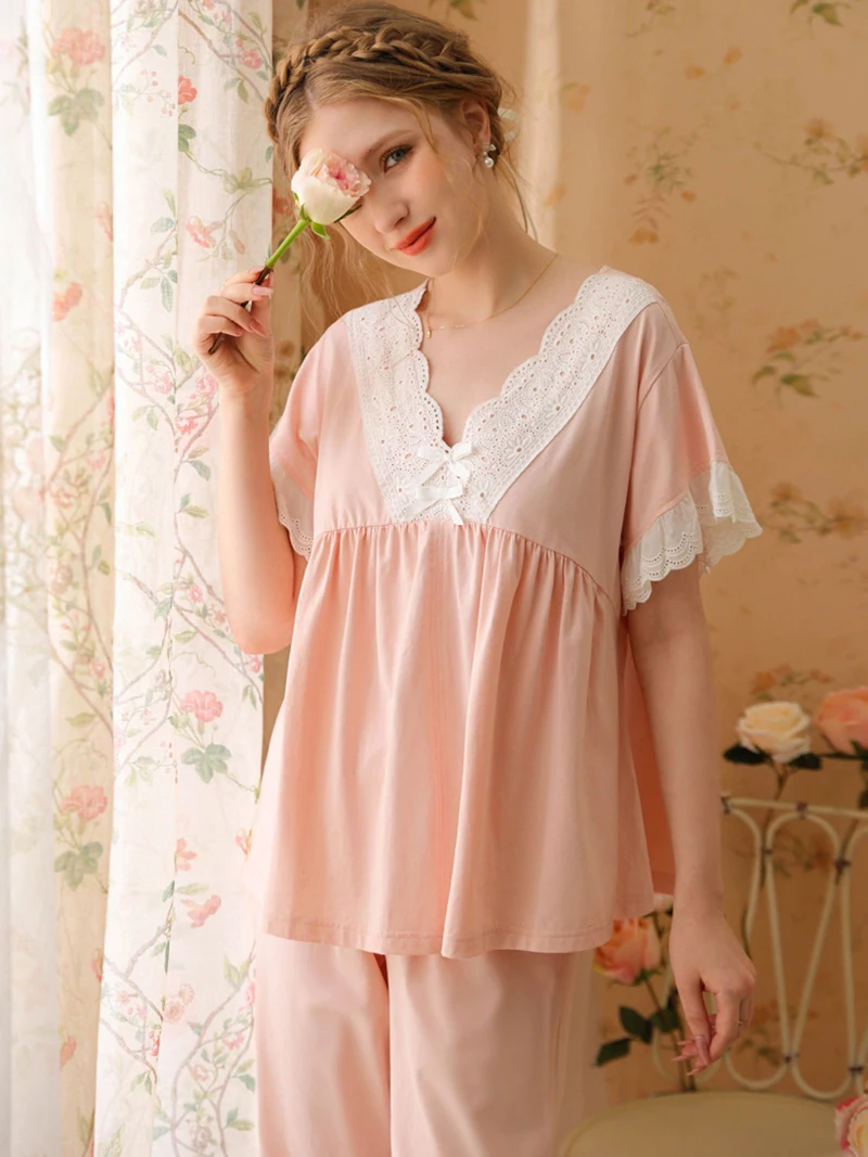 Women Summer V-Neck Short Sleeve Lace Tops Calf-length Pantalones Loungewear Ruffles Sweet Vintage Princess Pajamas Sleepwear