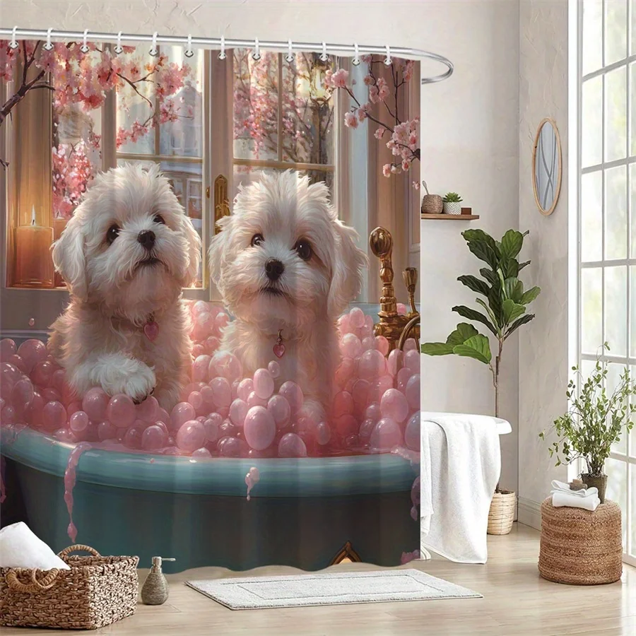 

cute puppies in bubble bath shower curtain with cherry blossom window for cozy bathroom decor Free Hooks Included Quick Setup