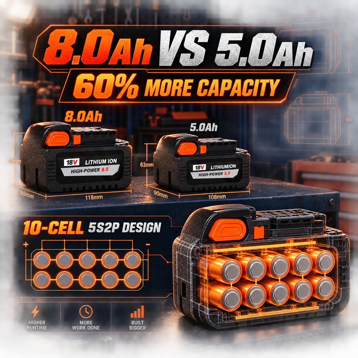 8.0Ah 1/2/4-Pack 18V High-Output Lithium-Ion Battery, Compatible with Milwaukee M18 48-11-1880, 48-11-1852, 48-11-1862 Cordless Power Tool Batteries