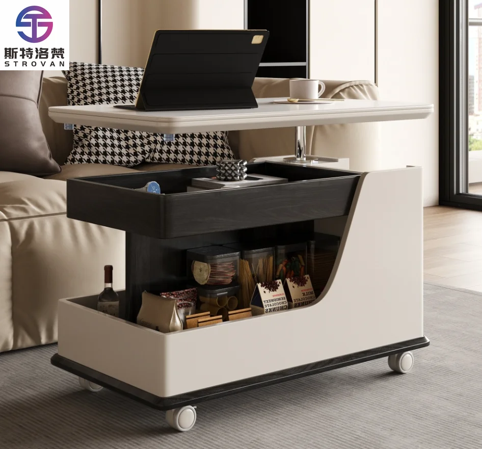 

Modern Style Solid Wood Side Tables for Home Movable Trolley Coffee Table Sofa Side Tables Lift Function for Living Room Use