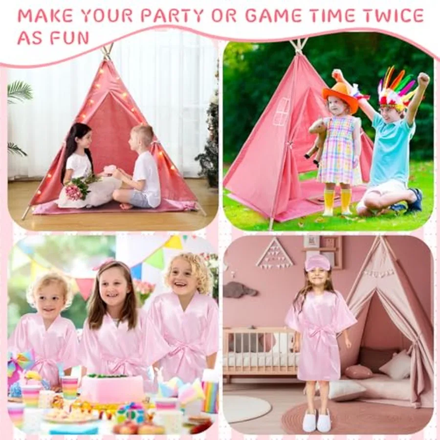 Juego de 4 pijamas para niñas, Kit de tienda tipi, cama inflable, sábana ajustable, bata tipo kimono de satén rosa, parasol, zapatilla, lavado de juegos