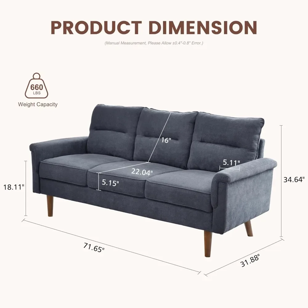 Mid Century Modern Couch with Faux Leather,Compy Upholstered Sofa with Deep Seat,Cloud Feeling 3 Seater Sofa for Small Space