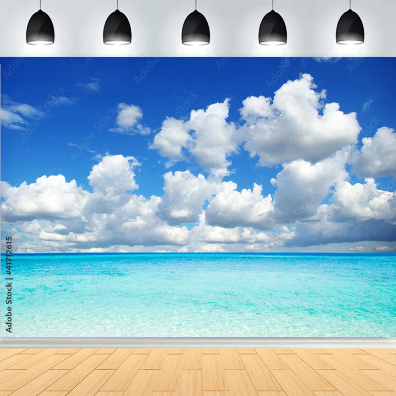المناظر الطبيعية الاستوائية الجميلة مع شاطئ رملي خلفيات للتصوير الفوتوغرافي البحر الكاريبي السماء الزرقاء الغيوم استوديو الصور خلفية SD-01