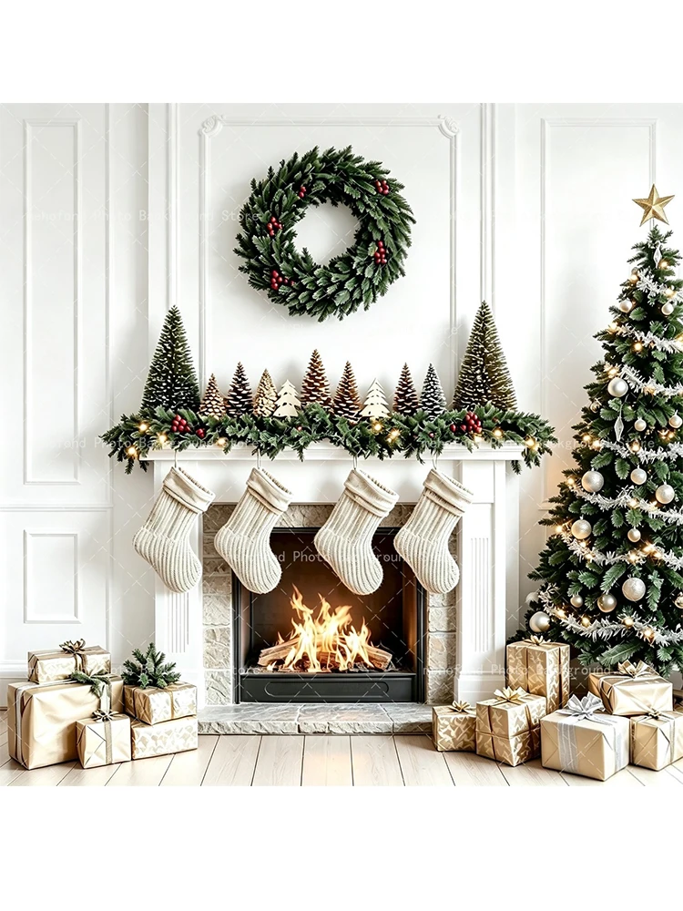Mehofond Vintage Weihnachts-Fotografie-Kamin-Geschenkbox, weiße Socken, dunkelgrüne Vorhänge, Hintergrunddekoration für Weihnachtsporträts