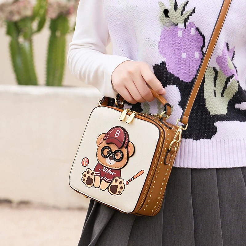 

Women's Fashionable Cute Bear Print Crossbady Bag Trendy Luxury Designer Ladies Handbag Quality PU Leather Shoulder Bags Women