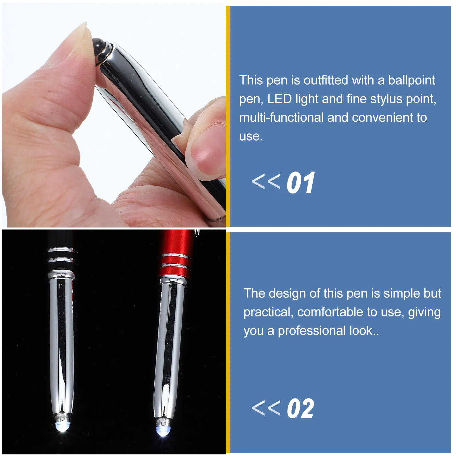 4Pcs LED Light Ballpoint Pen Metal Body Comfort Grip Stylus Tip Flashlight Pen for Nurses Teachers Students Low Light Writing