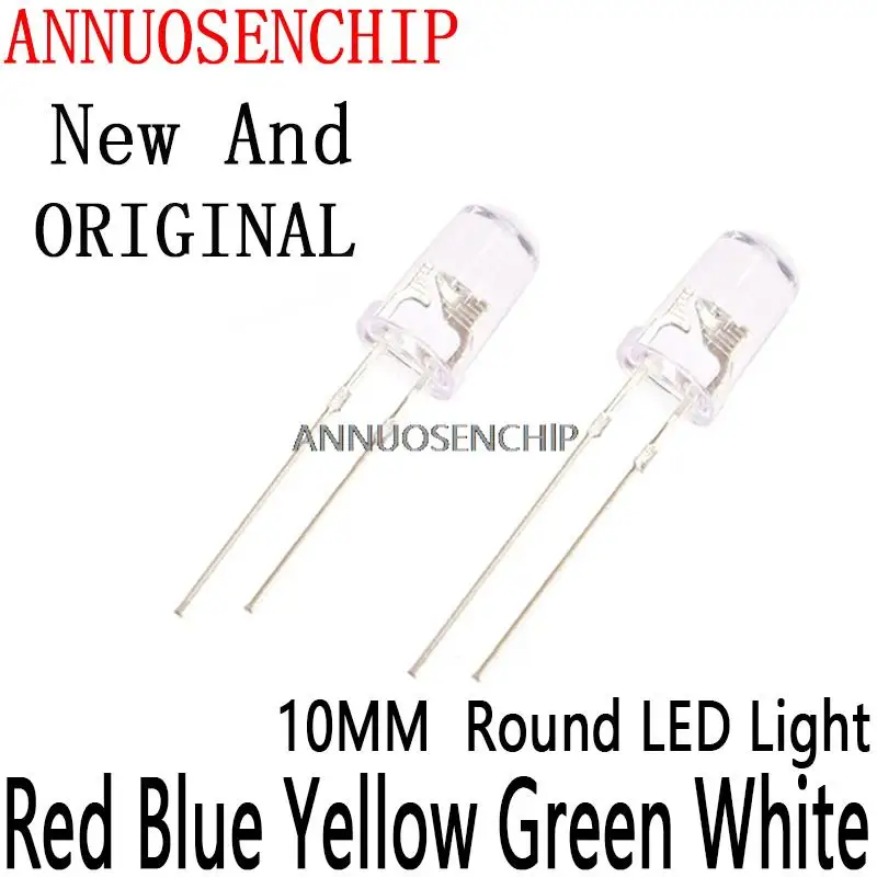 Lámpara LED de diodo emisor ultrabrillante, luz redonda de 10MM, 5 colores, rojo, azul, amarillo, verde, blanco, transparente, 20mA, 0,75 W, 10