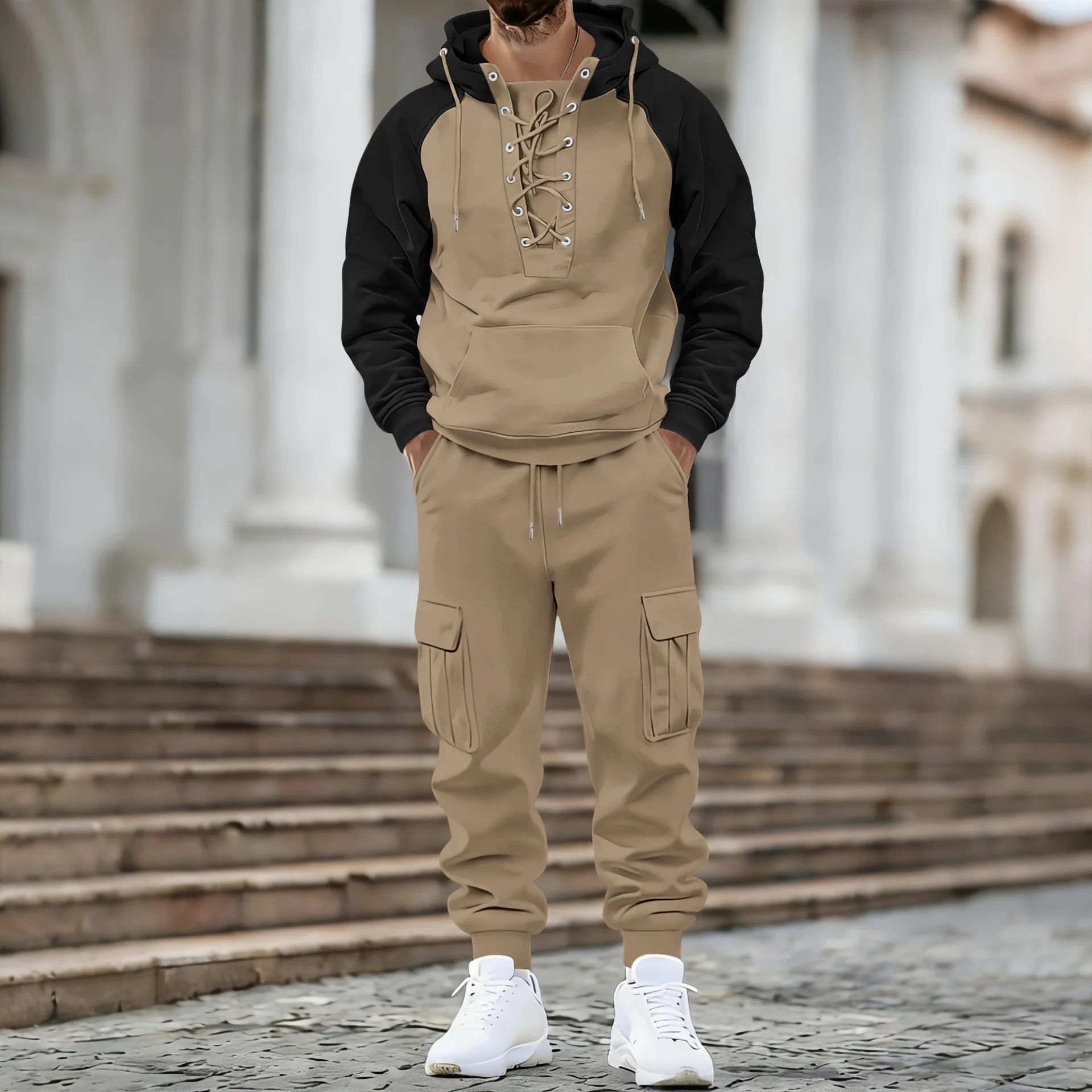 Herren Amerikanischer Oversize-Anzug mit Samtfutter Zweiteiliger Anzug mit Mehreren Taschen Arbeitskleidung Locker Sitzender Langarm-Oberteil und Hose Lässige Outdoor-Bekleidung – Detail 10
