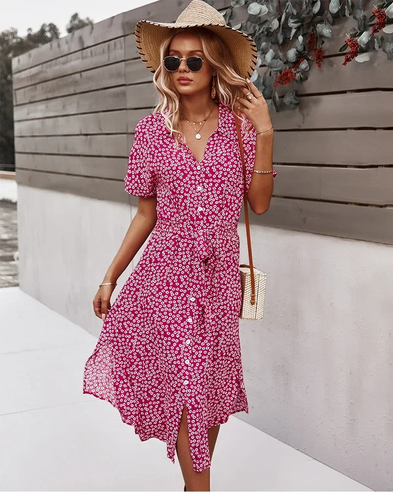 

Summer Women Floral Print Dress Casual Short Sleeve Button Holiday Midi Dresses Female V-Neck Beach Boho Chic Dress Elegant Robe