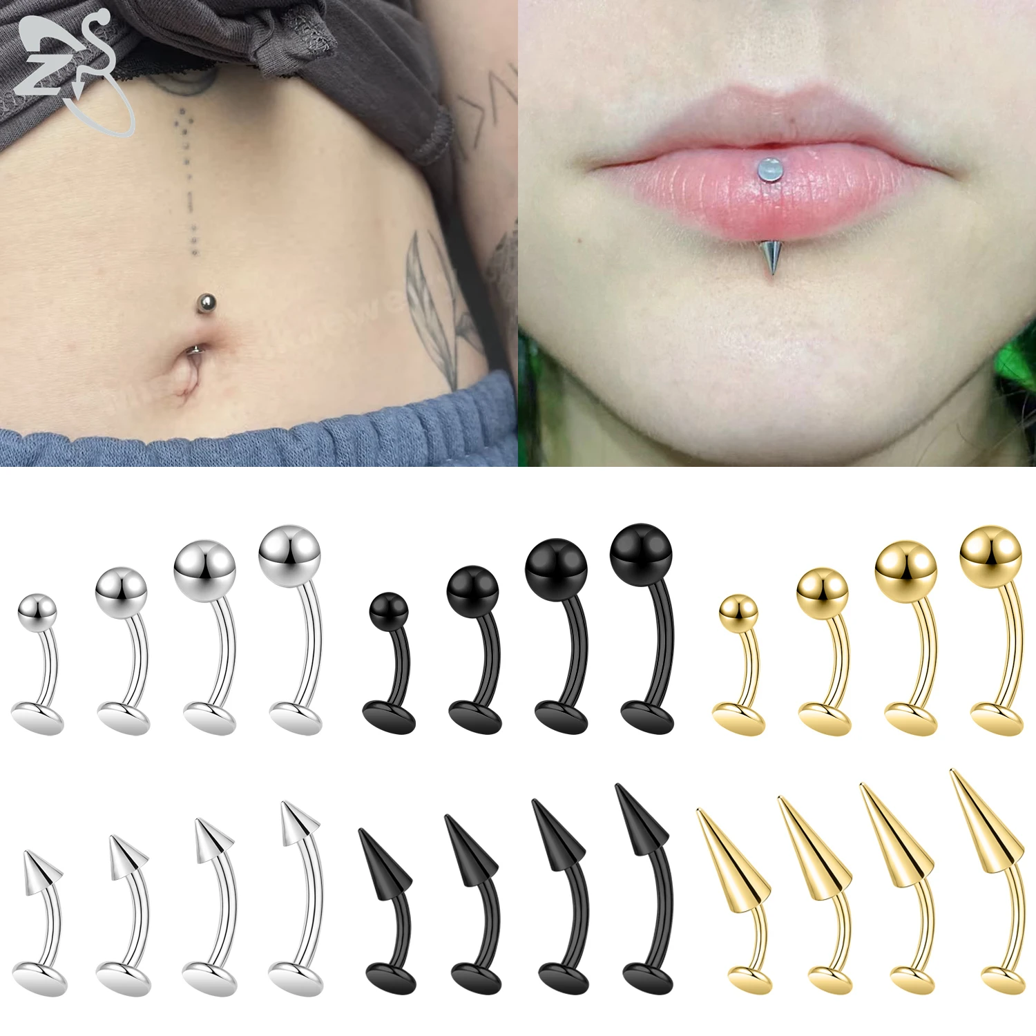 

ZS 1 PC 18G/16G Stainless Steel Belly Button Ring 3 Color Curved Navel Lip Labret Eyebrow Piercing Flat Back Body Jewelry 6-12MM