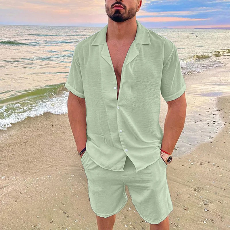 Men\'s Summer Casual Loose Two Piece Sets Beach Solid Cotton Linen Man Suit Short Sleeve Button Shirt And Shorts Office Outfits