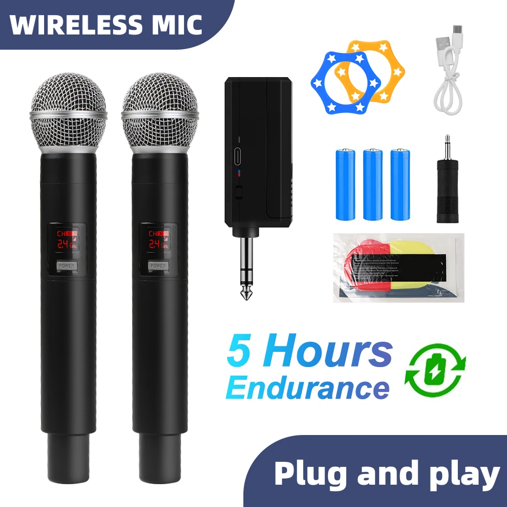 2 Channel Wireless Microphone UHF Dual Handheld Dynamic Karaoke Mic System 60m for Stage Church Party School PA Speaker Meeting