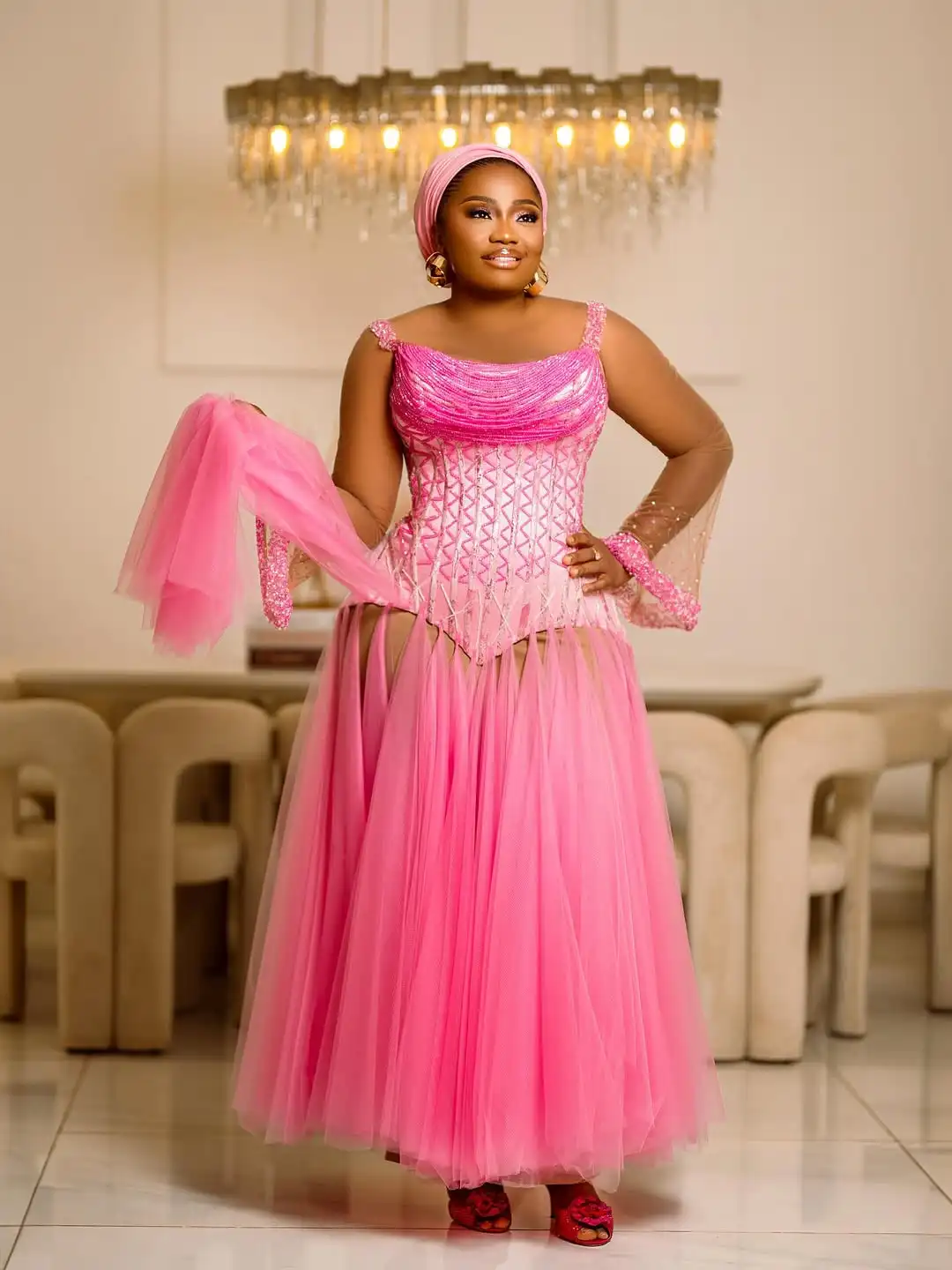 Sparkle Pink Quaste Rüschen Tüll Afrikanische Abendkleider Sheer Mesh Perlen Aso Ebi Lange Partykleider Maßgeschneiderte Robe de mariée