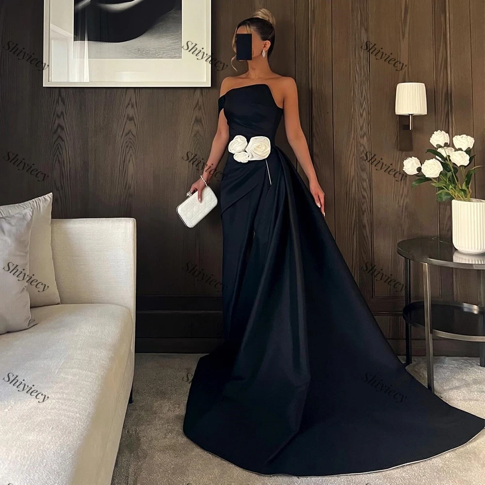 Chic Black One Shoulder Evening Dress Saudi Aribia Ladies 3D Flowers Prom Dress Side Split Chapel Train Formal Occasion Gowns