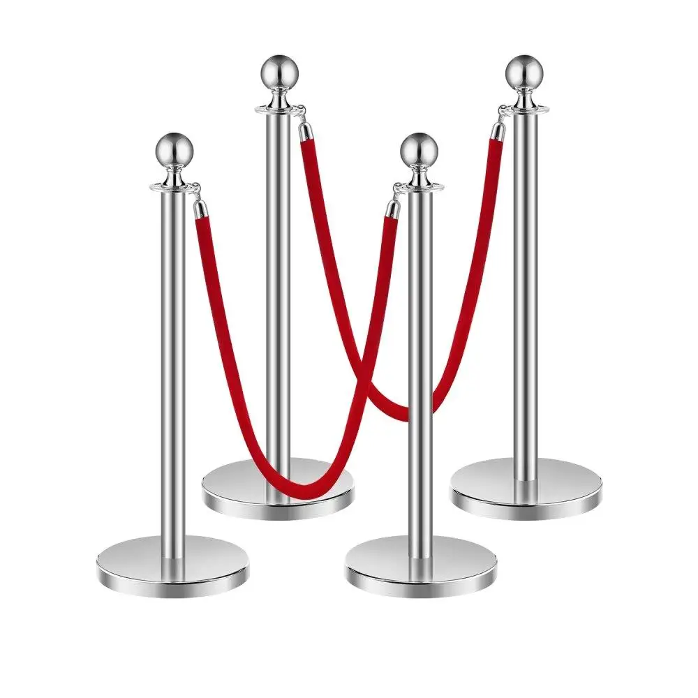 Elegant Stanchions with Velvet Ropes Set of 4 Stainless Steel Posts Crowd Control Barriers Red Carpet Event Decor