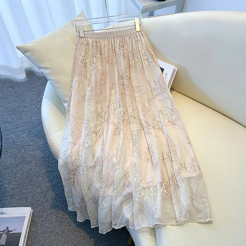 New Chinese Style National Trend Silk Half Skirt Women Summer Retro Embroidery Midi Skirt Elastic Waist A-Line Pleated Skirt