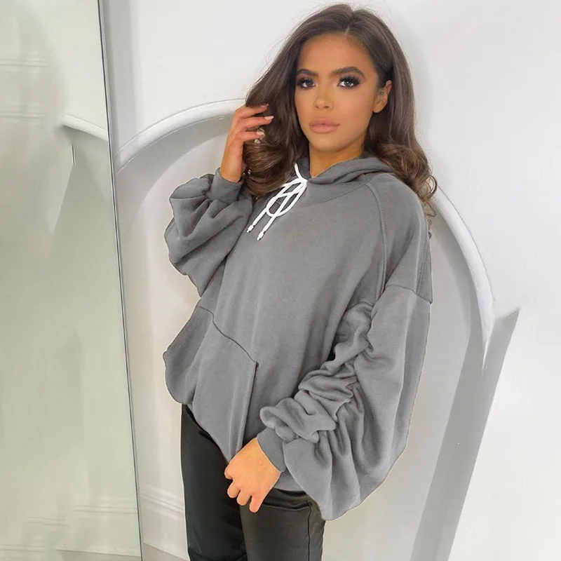 Women Casual Loose Hooded Sweatshirt Harajuku Ruched Long Sleeve Autumn Winter Loose Drawstring Warm Cotton Hoodies Streetwear