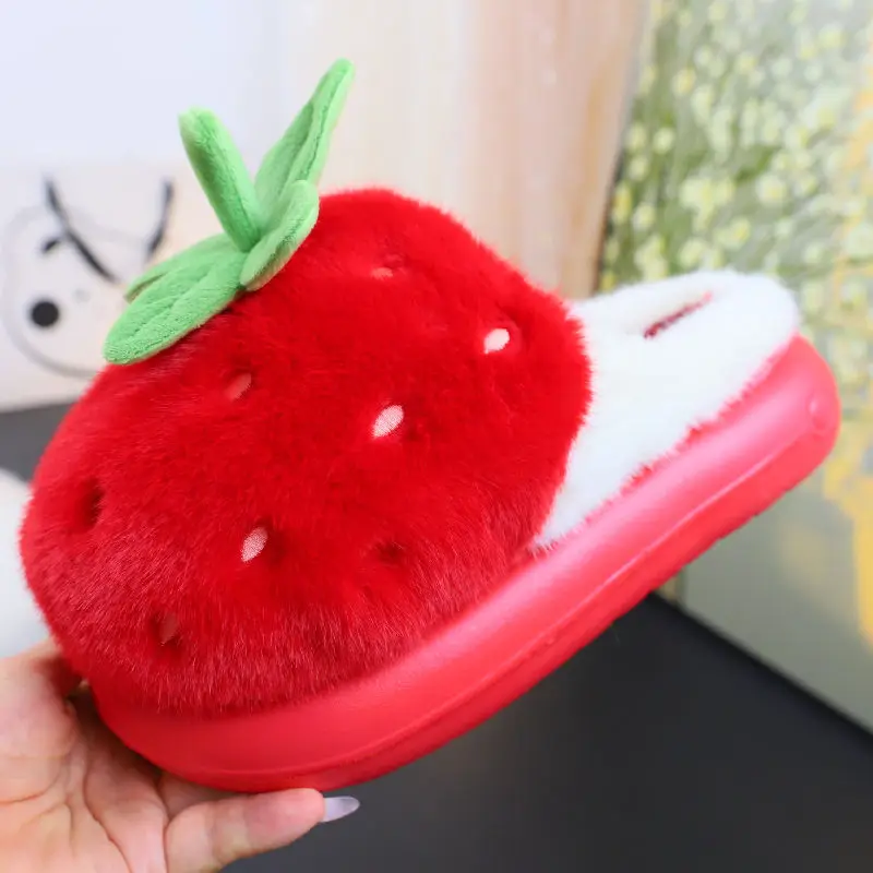 

Red strawberry furry shoes woman warm plush cotton slippers 2025 designer stem leaf fruit design slippers female