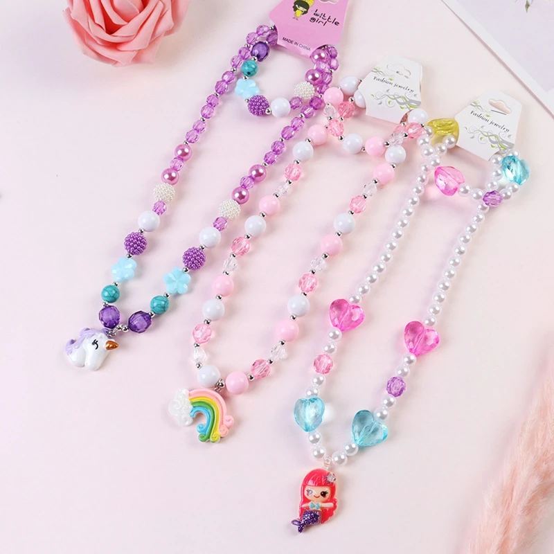 2pcs/set Children Sweet Necklace Bracelet Set Cute Mermaid Unicorn Pendant Pink Purple Beaded Girls Necklace Beads Jewelry 