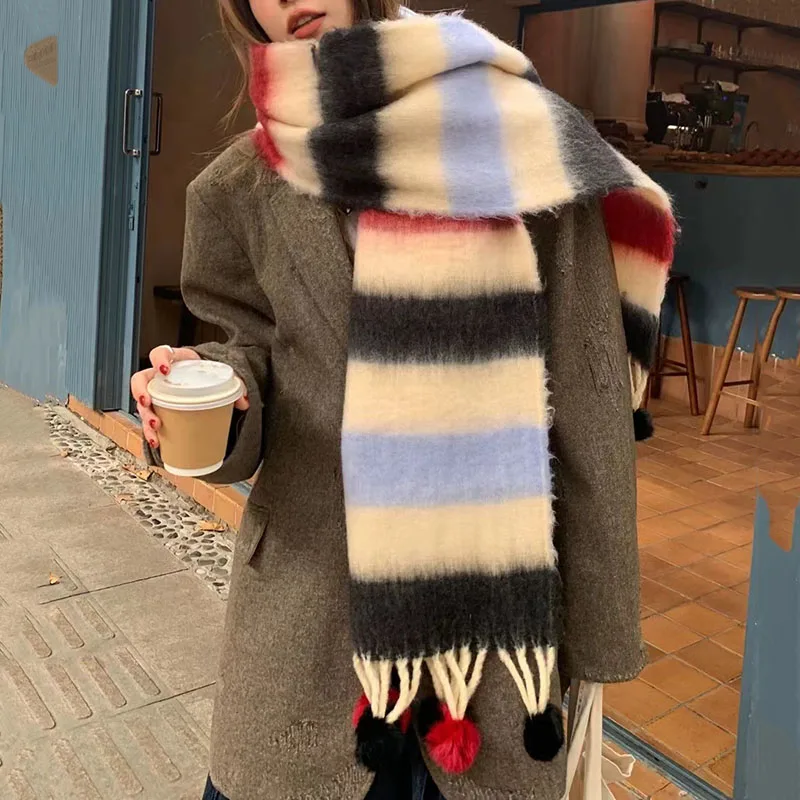

New 2025 Dopamine Colorful Striped Scarf for Women Winter Thicker Warmth Hairball Versatile Trendy Cashmere Neckwear Long Scraf