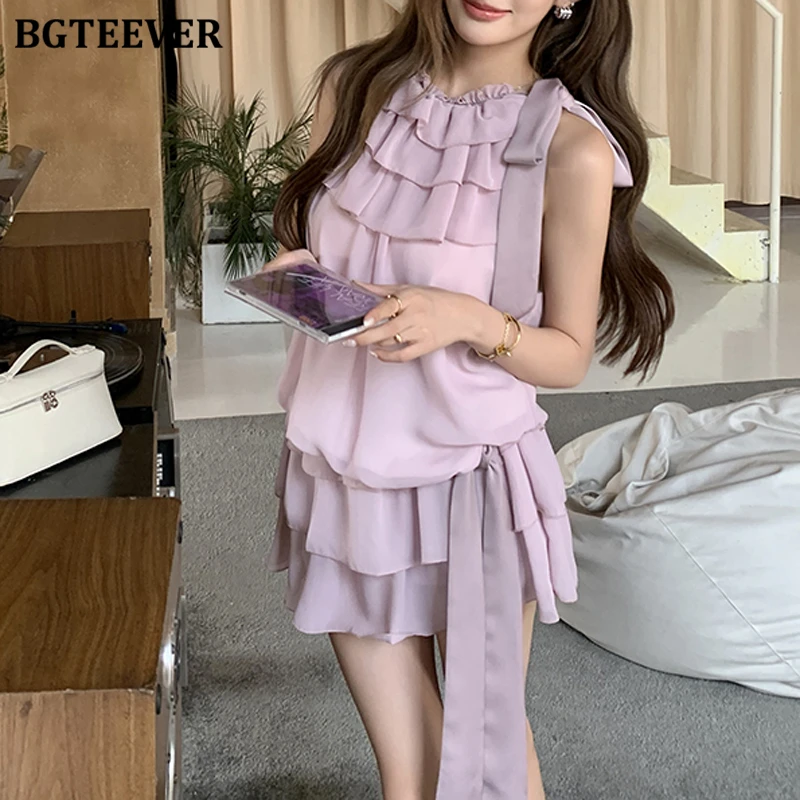 

BGTEEVER Винтажная женская юбка с тонкой талией, комплект из 2 предметов, блузки без рукавов с круглым вырезом и мини-юбка трапециевидной формы с высокой талией, летние костюмы с юбкой