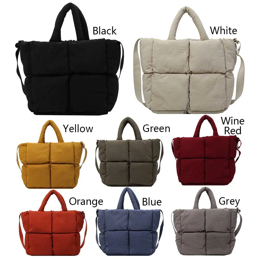 Women Puffer Shoulder Bag Large Capacity Puffer Satchel Bags Solid Color Simple Shopping Bag Adjustable Strap Padded Handbags