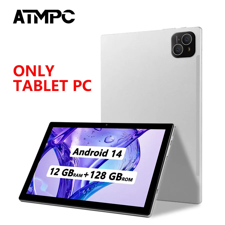 Tablet PC ATMPC da 10,1 pollici, Android 14, 12 GB di RAM, 128 GB di ROM, Octa-Core, schermo IPS 1280*800, BT 5.4, tablet WIFI 6 da 2,4 GHz/5 GHz