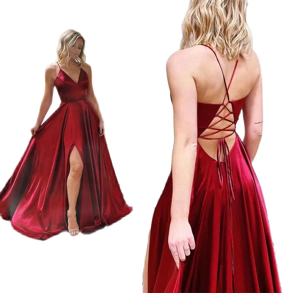 Custom Color Evening Dresses A Line Long Prom Dress V Neck Lace Up Back Spaghetti Strap Satin High Split Burgundy Evening Gowns