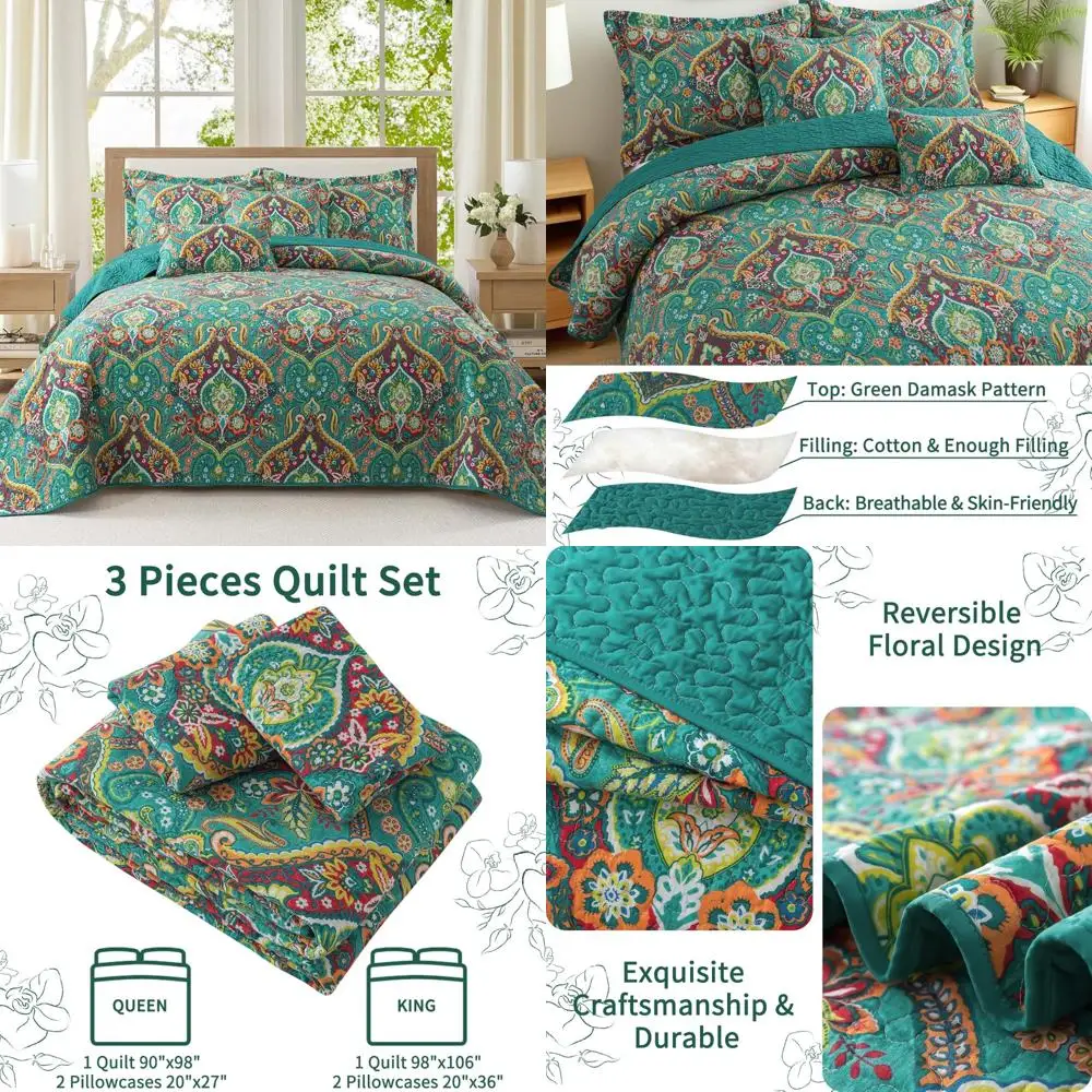 

Queen Size Cotton Floral Bedspread Set, 3-Piece Lightweight Reversible Quilted Coverlet (90x98 inches)
