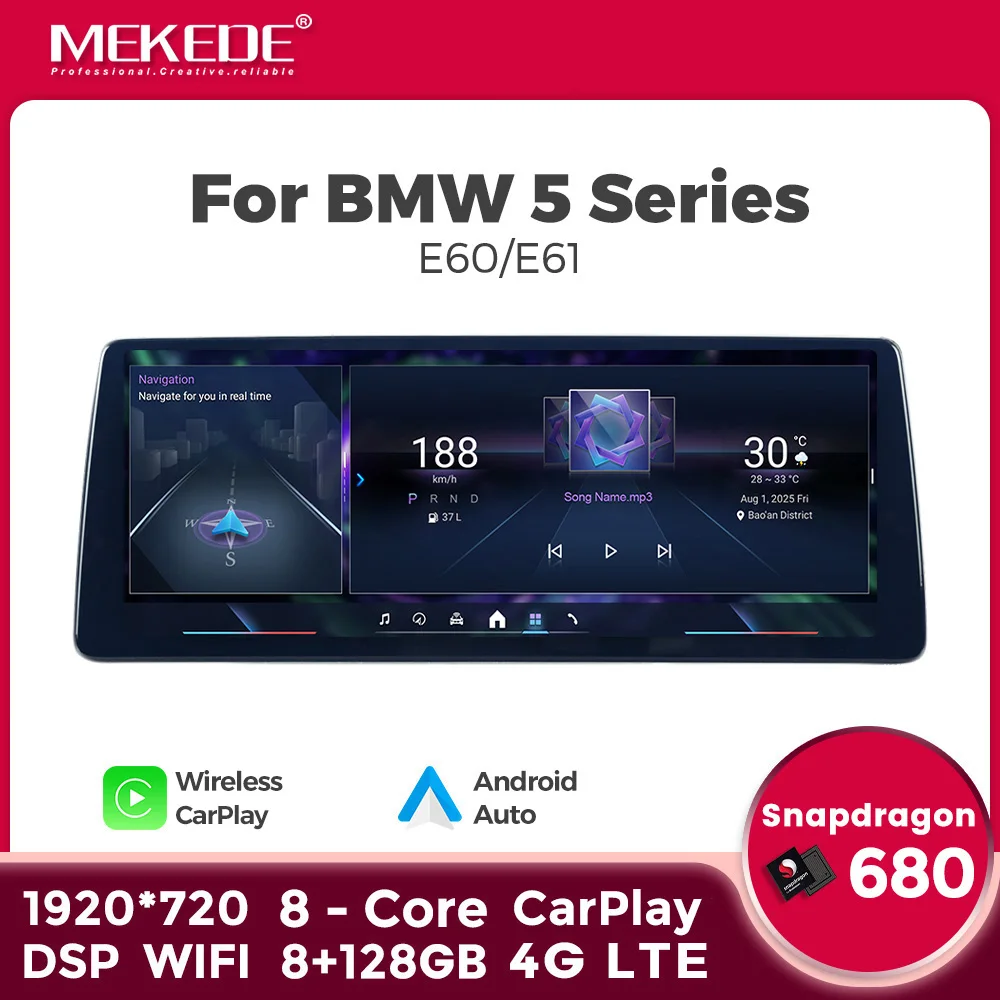 MEKEDE 10.25" 12.3" 1920*720 Écran tactile QLED sans fil Carplay Android Auto, machine multimédia tout-en-un pour BMW Série 3/5 E90 E91 E92 E93 E60 E61 E63 Système CCC CIC, Navigation GPS, Autoradio, Lecteur vidéo multimédia, 4G LTE, WIFI, BT, DSP, Unité principale audio