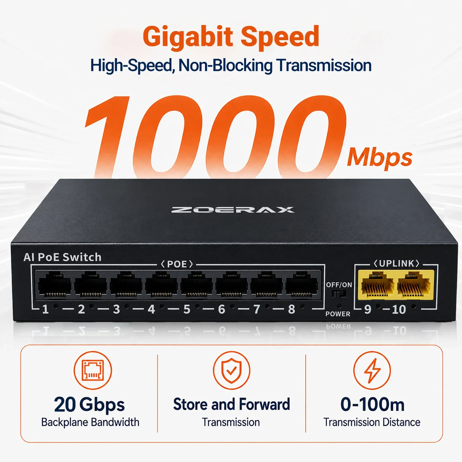 Natalink 8-Port PoE + 2 Uplink Network Switch One CableData and Powerover VLAN AI Watchdog Lightning Protection Plug & play