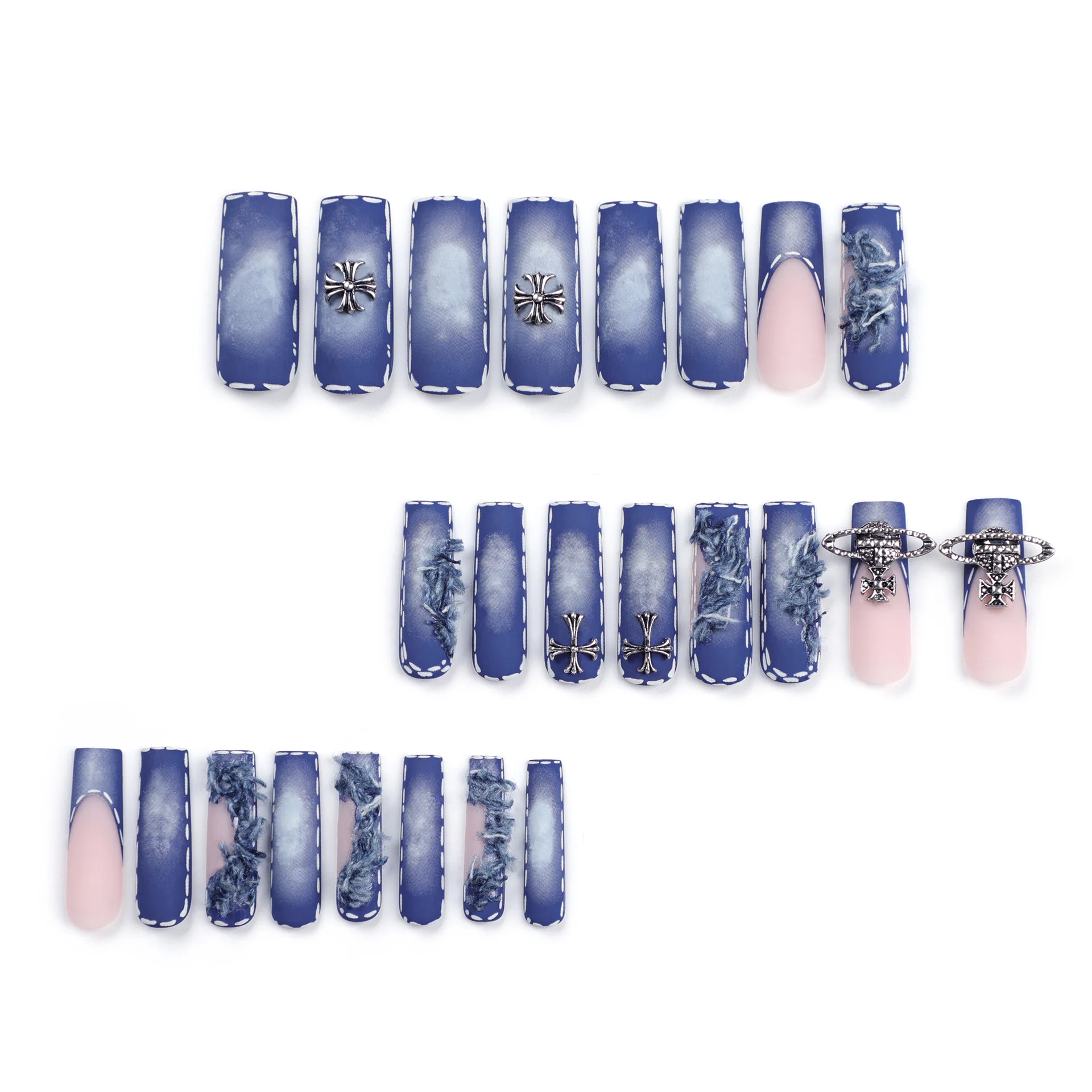 24pcs Long Coffin Press on Nails French Tip unghie finte Set White Edge Glitter Pink Stick on Nails strass Glue-on Nails Remov