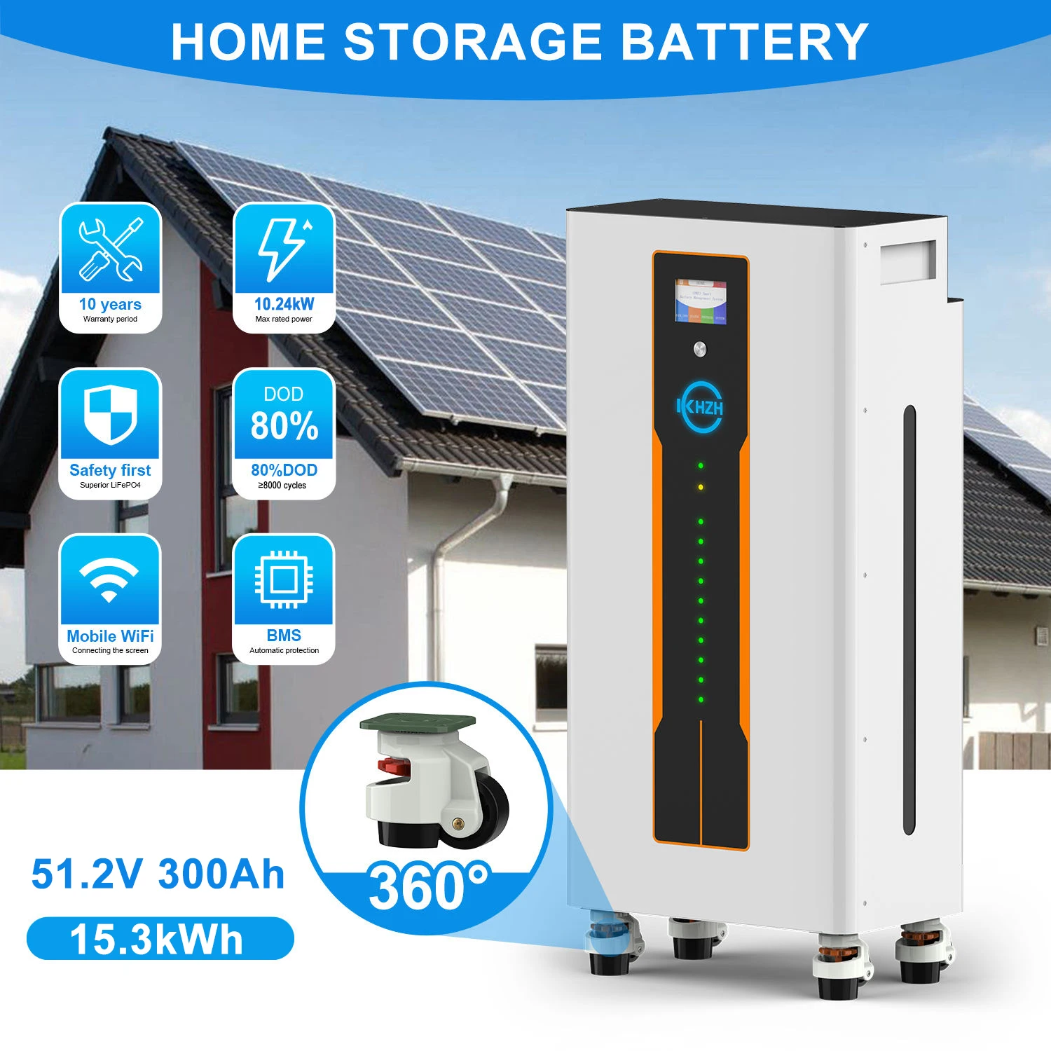 Batterie LiFePO4 KHZH 51,2 V 300 Ah 15 KWH avec garantie limitée de 10 ans, prend en charge jusqu'à 16 unités en connexion parallèle, batterie de stockage d'énergie solaire pour système hors réseau domestique,