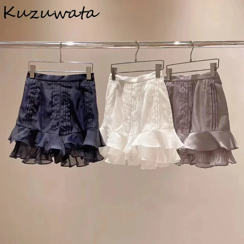 Kuzuwata Japanese Moda Sweet Casual Ruffles Skirt Lace Ruched Solid Elegant Mujer Faldas Temperament Fresh Slim Fit Faldas